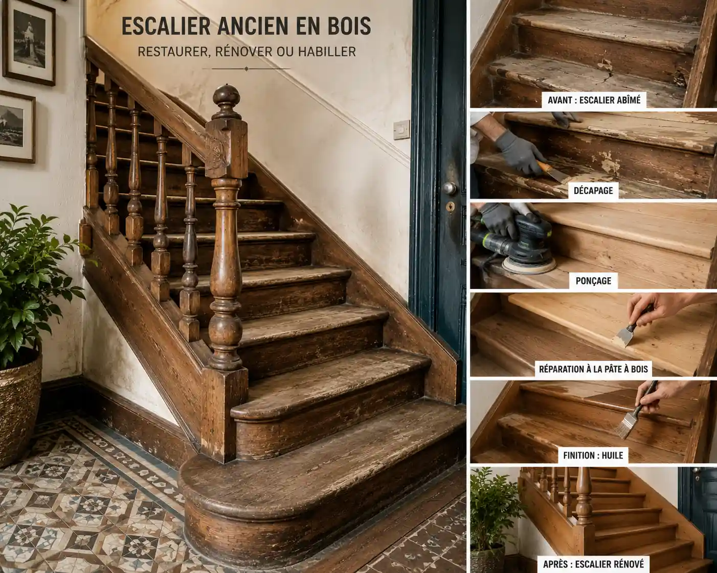 Escalier ancien en bois massif en cours de rénovation dans une maison ancienne avec marches poncées et rampe restaurée