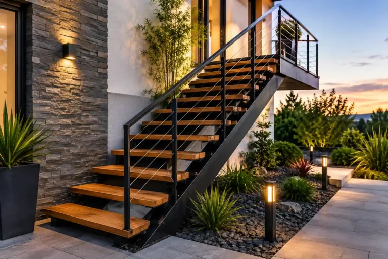 Escalier design extérieur moderne en métal noir et marches bois avec garde-corps, éclairage et jardin paysager.
