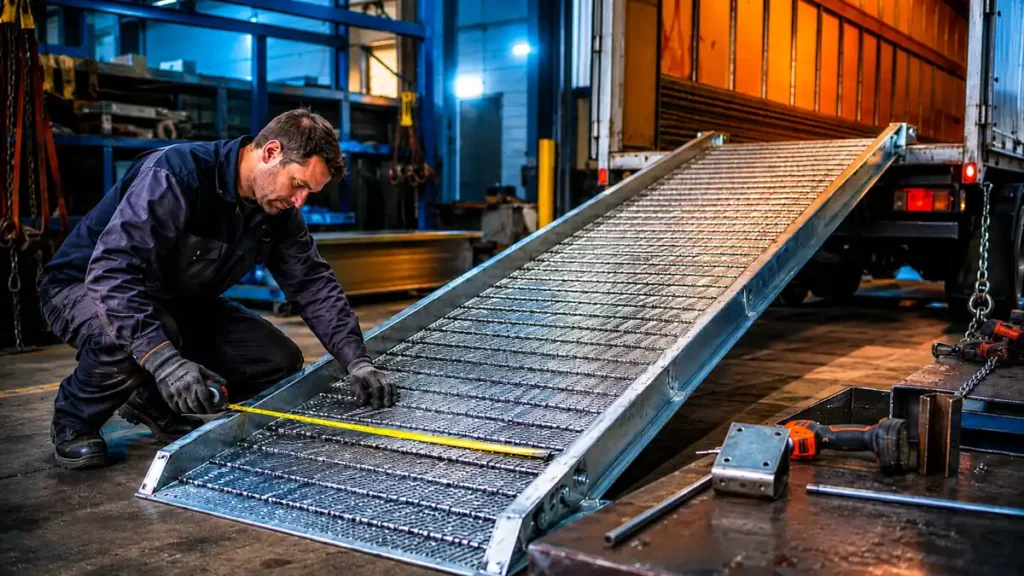 Technicien mesurant une rampe de chargement métallique dans un atelier industriel avant son installation sur une remorque.