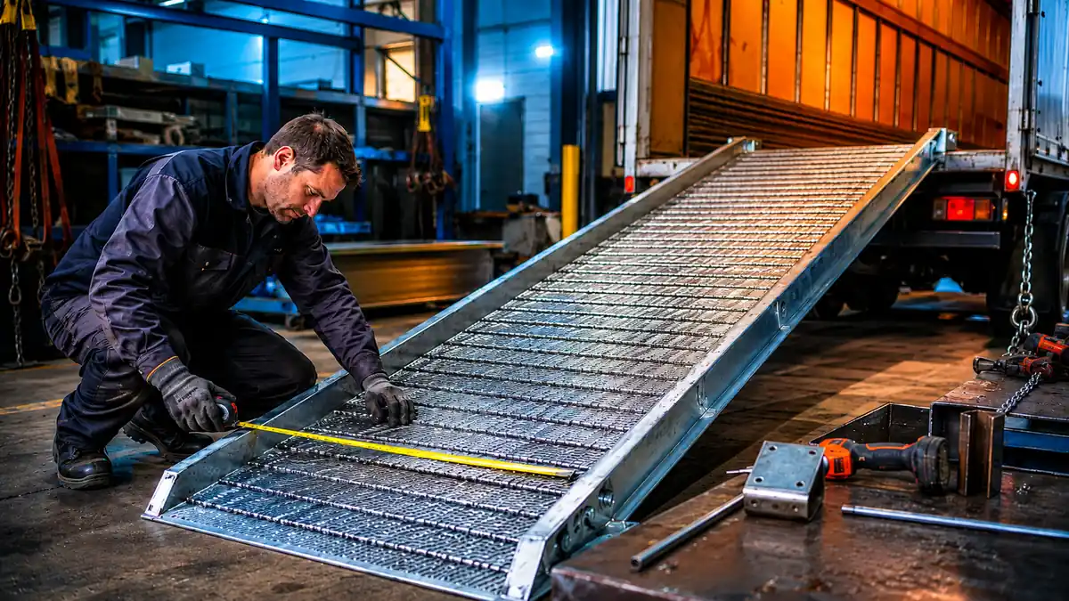 Technicien mesurant une rampe de chargement métallique dans un atelier industriel avant son installation sur une remorque.