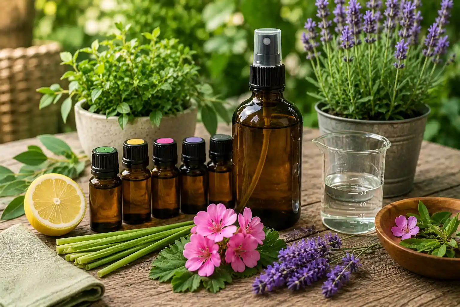 Spray anti-moustique maison avec huiles essentielles, lavande, géranium et citronnelle sur une table en bois dans un jardin.