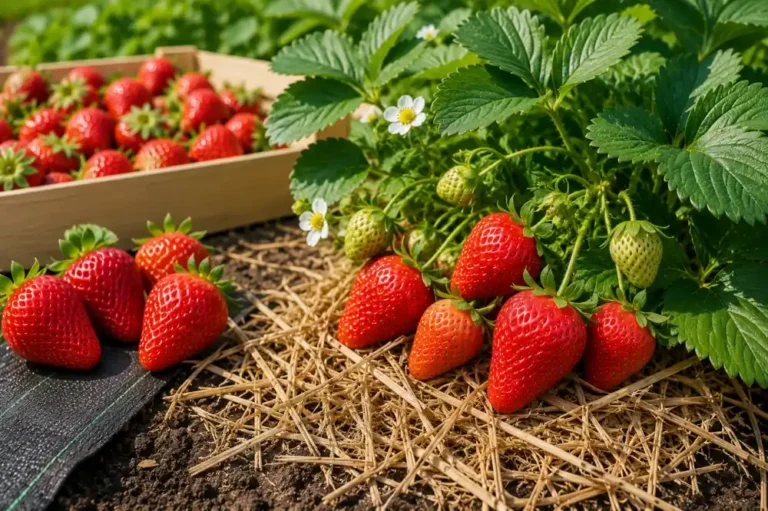 Fraisier Darselect en pleine production avec grosses fraises rouges mûres sur paillage au jardin potager sous un soleil printanier.