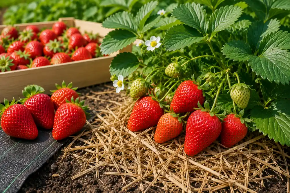 Fraisier Darselect en pleine production avec grosses fraises rouges mûres sur paillage au jardin potager sous un soleil printanier.