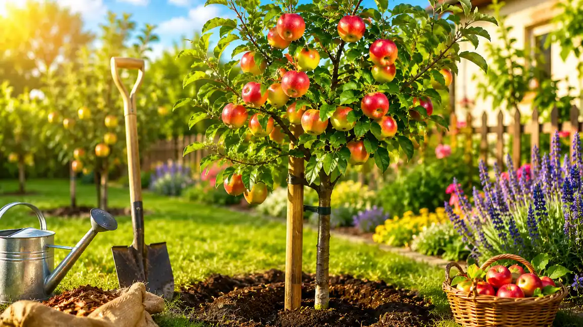 Jeune fruitier basse tige chargé de pommes dans un petit jardin ensoleillé, avec tuteur, paillage et outils de plantation.