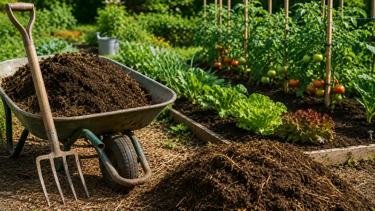 Fumier de cheval composté dans une brouette au bord d’un potager avec légumes en culture.