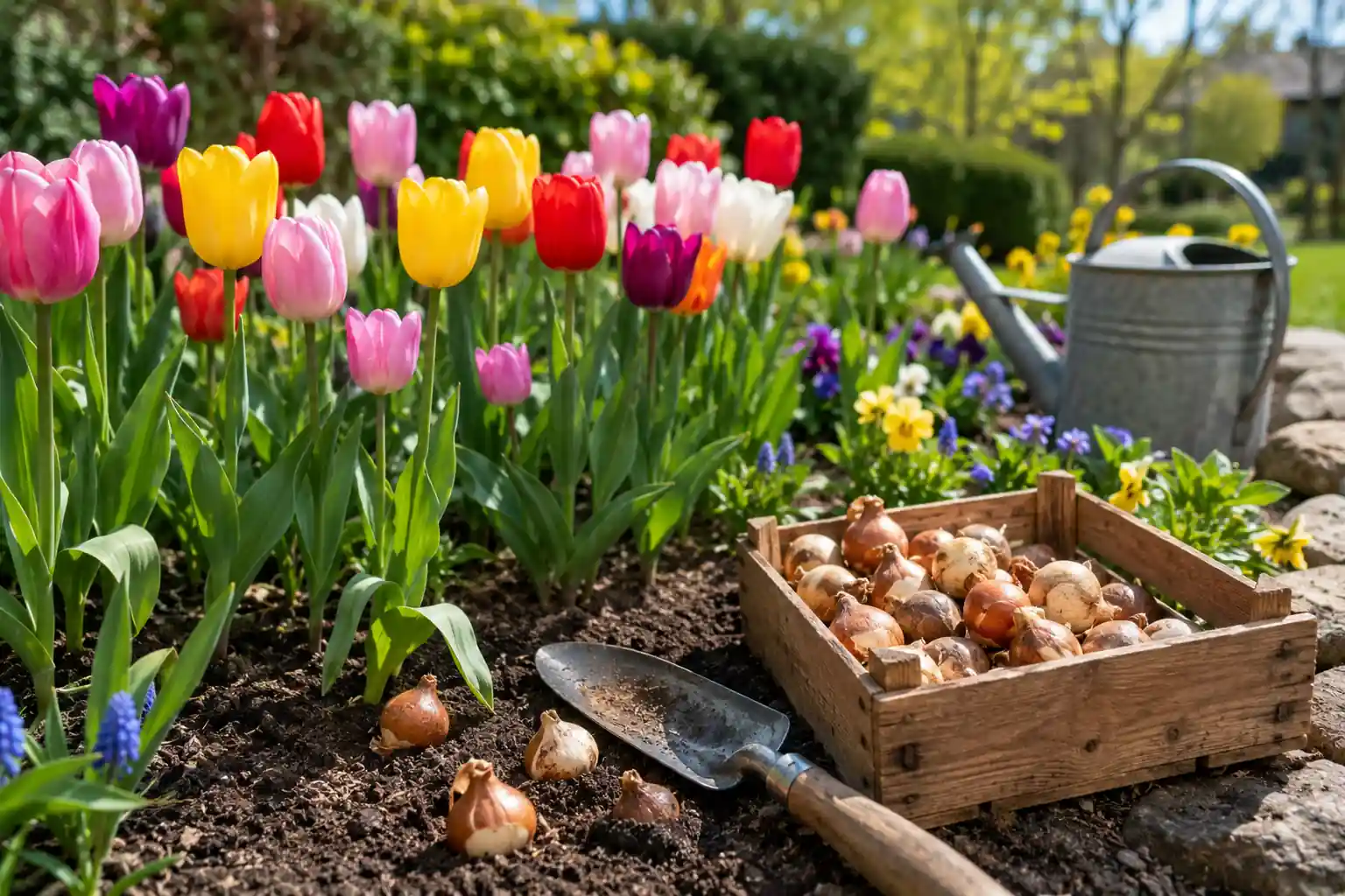 Graines de tulipes et bulbes de tulipes dans un jardin fleuri au printemps avec massifs colorés et outils de jardinage.