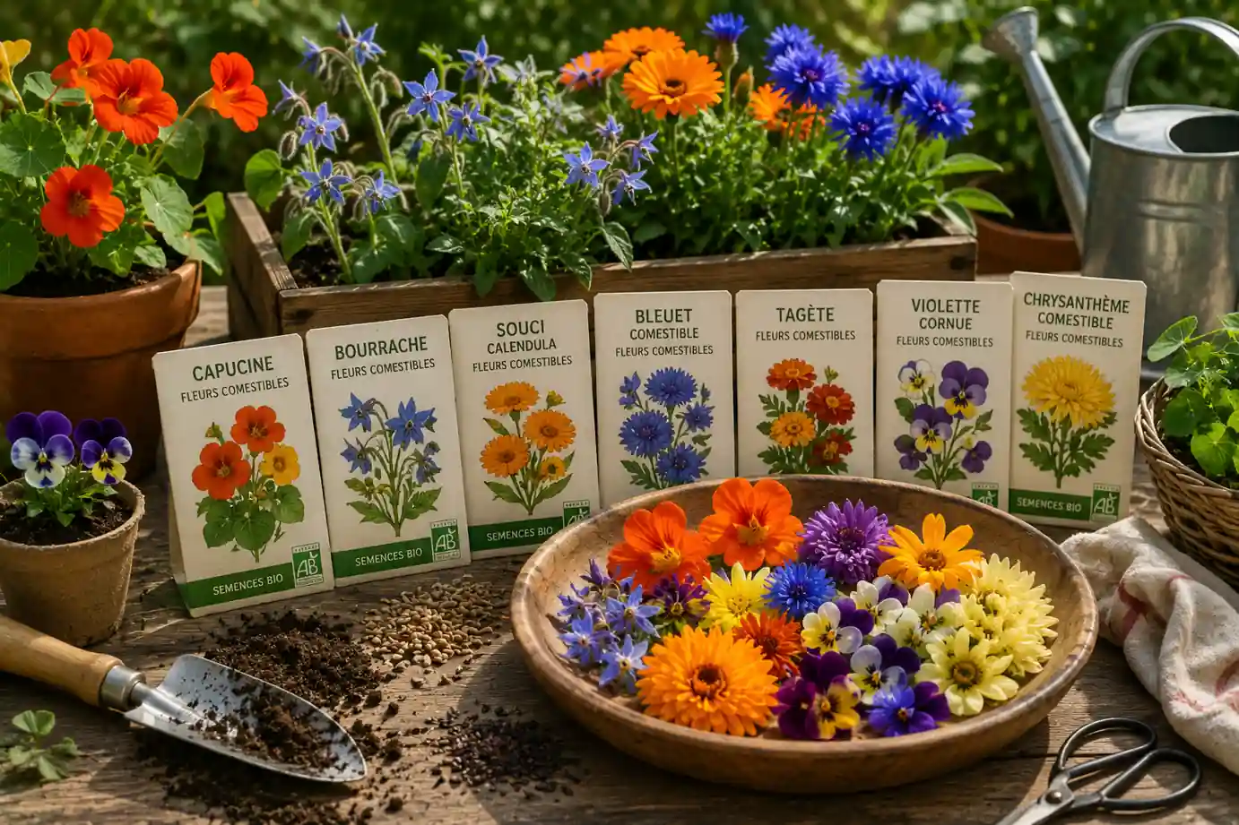 Graines de fleurs comestibles bio avec capucines, bourrache, calendula, bleuets et violettes cultivées dans un jardin potager ensoleillé.
