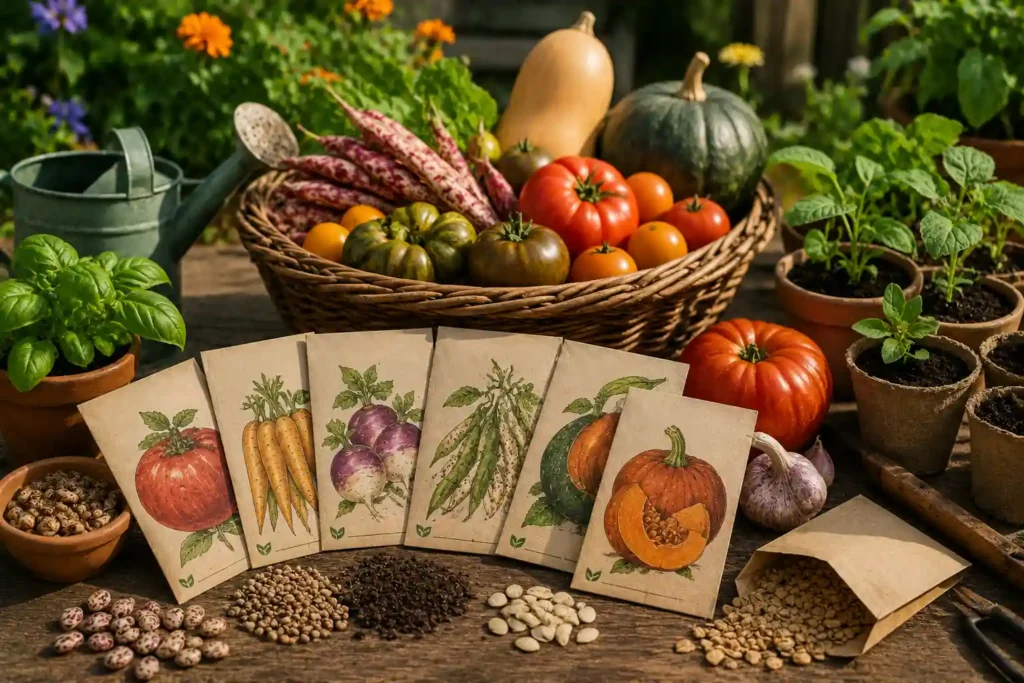 Graines de légumes anciens et variétés potagères traditionnelles disposées sur une table de jardin avec tomates anciennes, courges, haricots et jeunes plants sous une lumière naturelle chaleureuse.