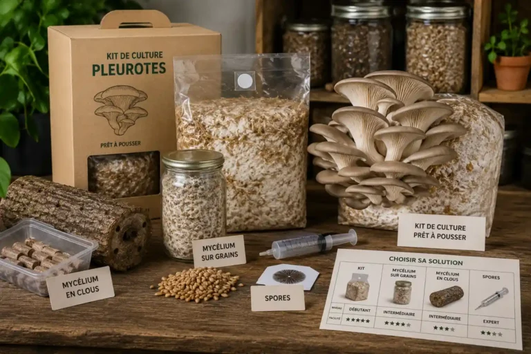 Culture de champignons comestibles avec mycélium en développement sur substrat naturel dans un environnement de culture domestique