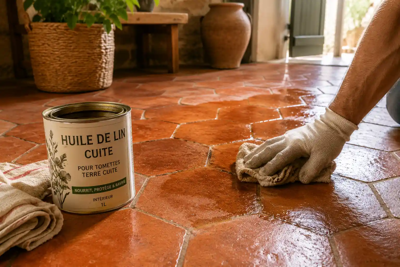 Application d'huile de lin sur des tomettes en terre cuite dans une maison de style provençal afin de raviver et protéger un sol ancien.