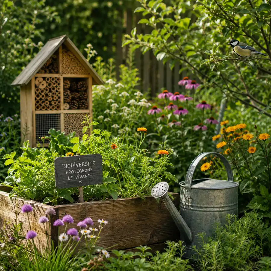 Jardin naturel avec hôtel à insectes, fleurs et arrosoir pour protéger la biodiversité