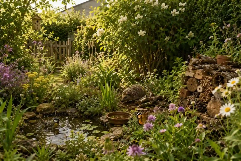 Jardin naturel et biodiversité avec fleurs sauvages, mare, abris pour insectes et faune locale dans un jardin vivant