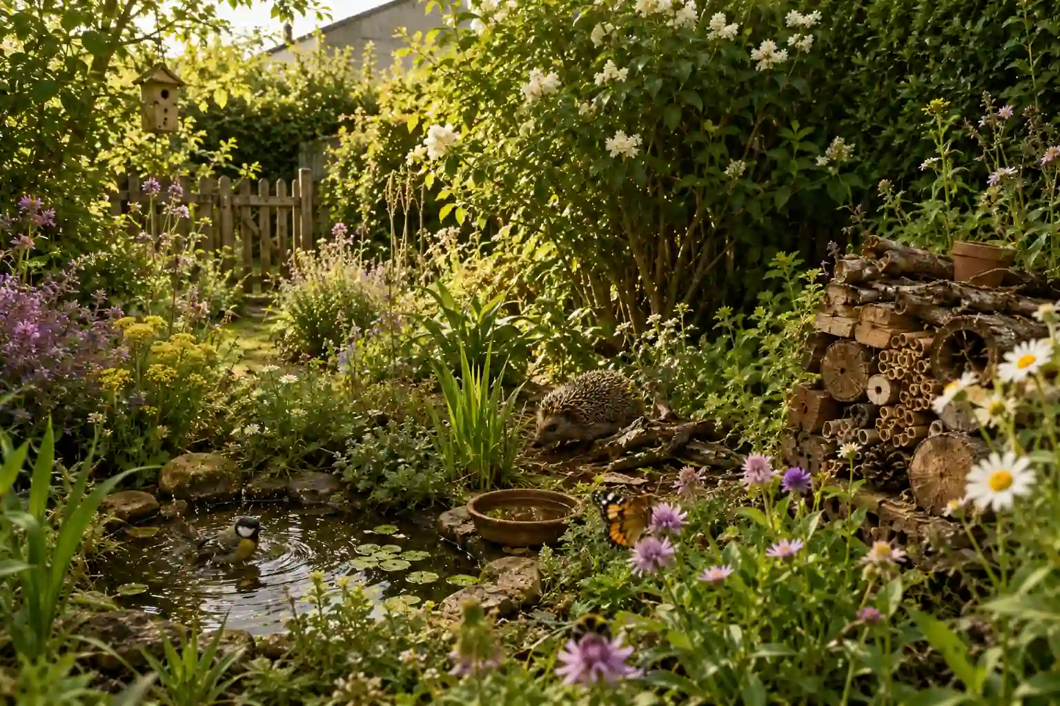 Jardin naturel et biodiversité avec fleurs sauvages, mare, abris pour insectes et faune locale dans un jardin vivant
