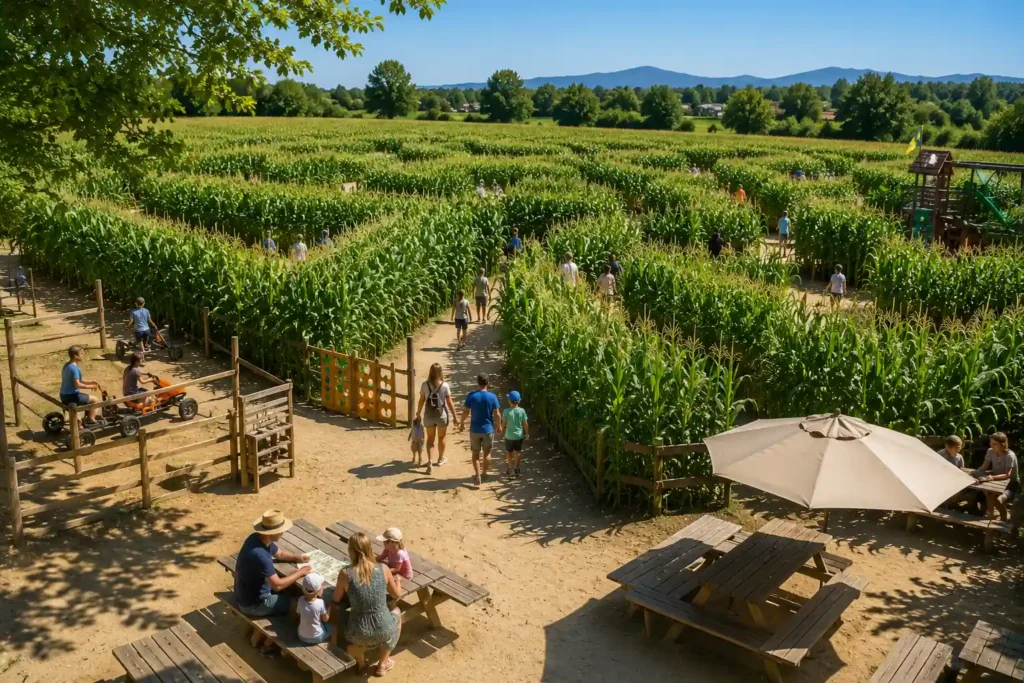 Famille se promenant dans un grand labyrinthe de maïs en plein air à Entraigues-sur-la-Sorgue dans le Vaucluse