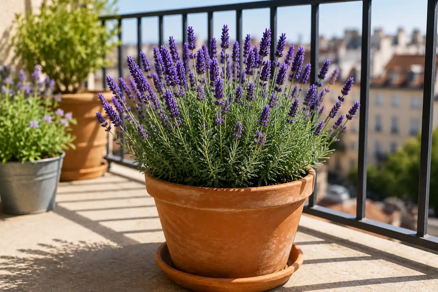 Lavande en pot sur balcon ensoleillé dans un pot en terre cuite avec fleurs violettes et garde-corps en arrière-plan.