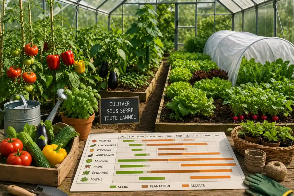 Légumes cultivés sous serre avec tomates, concombres, poivrons, aubergines et salades dans une serre de jardin lumineuse.