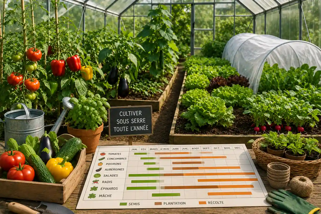 Légumes cultivés sous serre avec tomates, concombres, poivrons, aubergines et salades dans une serre de jardin lumineuse.