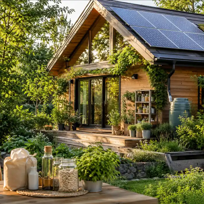 Maison éco-responsable avec panneaux solaires, plantes et produits naturels