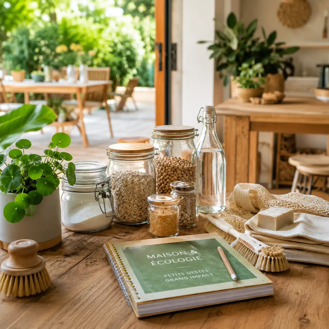 Bocaux en verre, plantes et objets réutilisables pour une maison plus écologique
