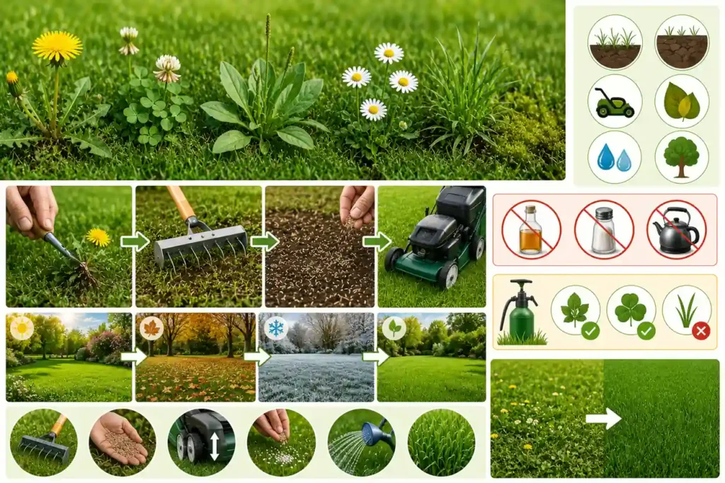 Mauvaises herbes dans le gazon avec pissenlits, trèfle et gestes d’entretien pour retrouver une pelouse dense