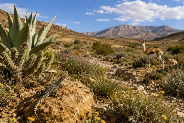 Milieux arides et biodiversité dans un paysage semi-désertique avec végétation résistante à la sécheresse, reptile et faune adaptée aux zones sèches
