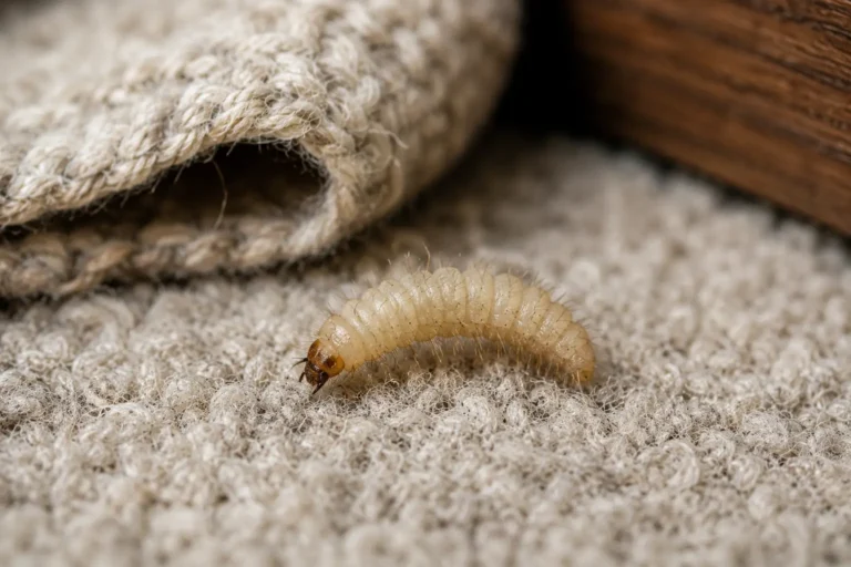 Larve de mite textile ressemblant à une mini chenille se déplaçant sur un tapis en fibres naturelles dans une maison