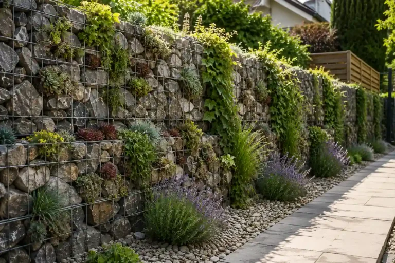 Mur gabion végétalisé avec pierres naturelles, sedums, plantes retombantes et lavandes dans un jardin paysager ensoleillé.