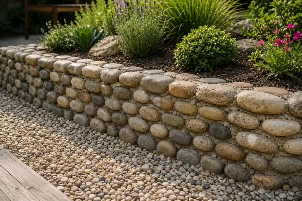 Muret de jardin construit en galets naturels avec massif paysager et gravier décoratif en extérieur