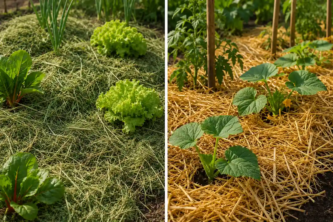 Comparaison de paillage au potager avec du foin autour de jeunes salades et de la paille autour de plants de courge.