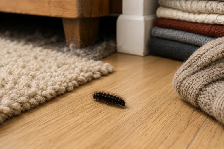 Petite chenille noire poilue sur un parquet près d’un tapis et de vêtements en laine dans une maison.