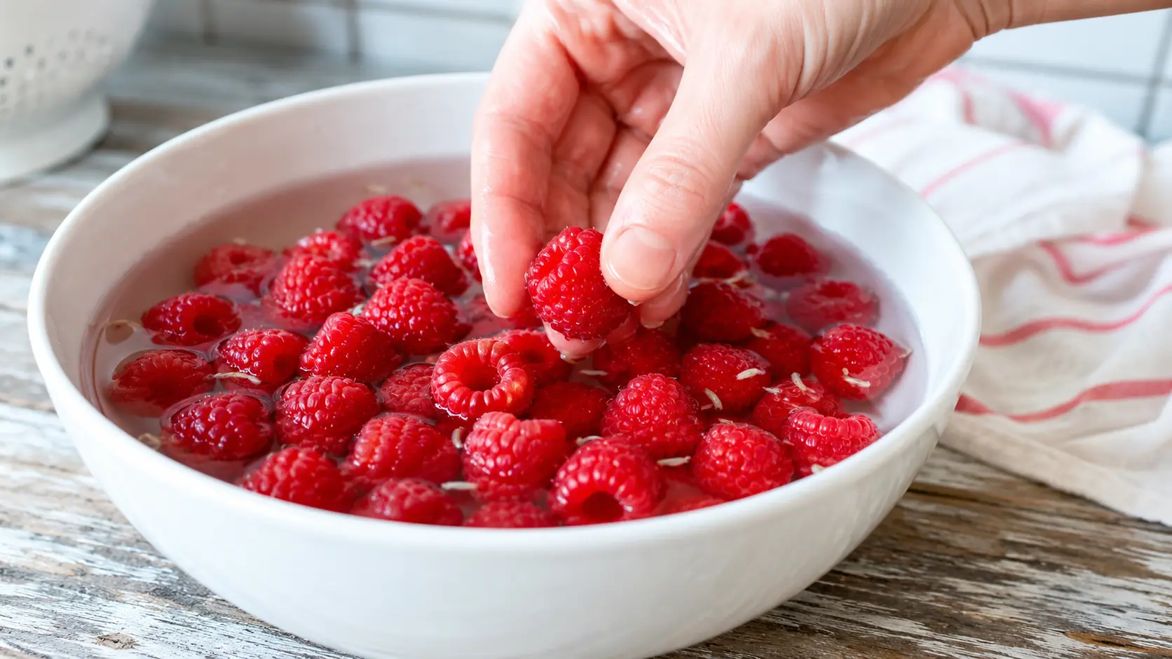 Framboises trempant dans un bol d’eau salée pour faire remonter de petites larves avant consommation.