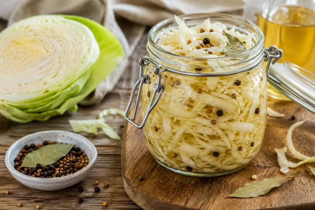 Pickles de chou blanc maison dans un bocal en verre avec chou émincé, vinaigre et épices sur une table rustique.