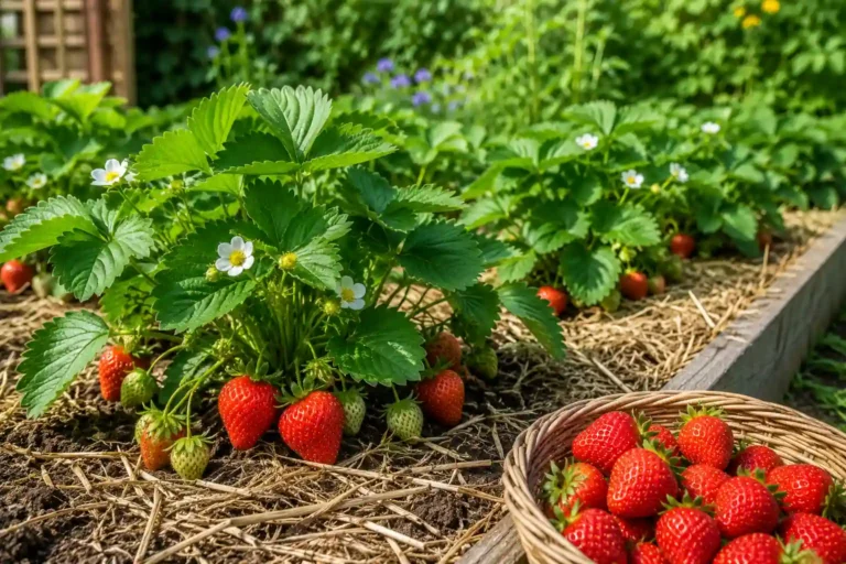Plant de fraisier bio cultivé dans un potager avec fraises mûres, fleurs blanches et paillage naturel sous un soleil estival