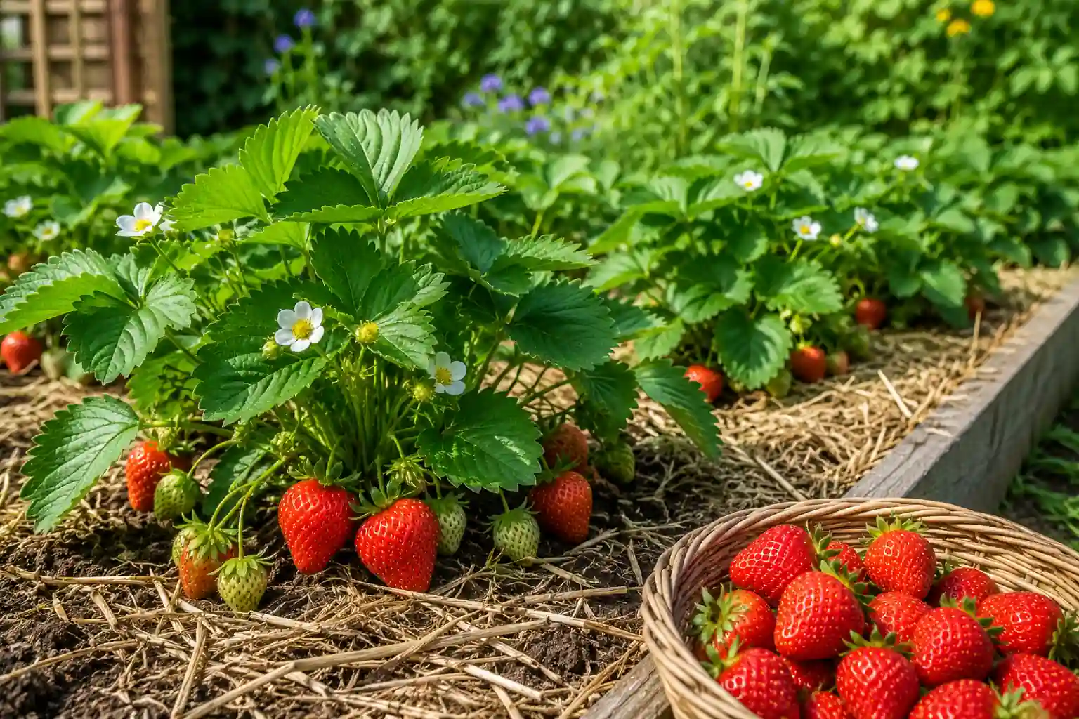 Plant de fraisier bio cultivé dans un potager avec fraises mûres, fleurs blanches et paillage naturel sous un soleil estival