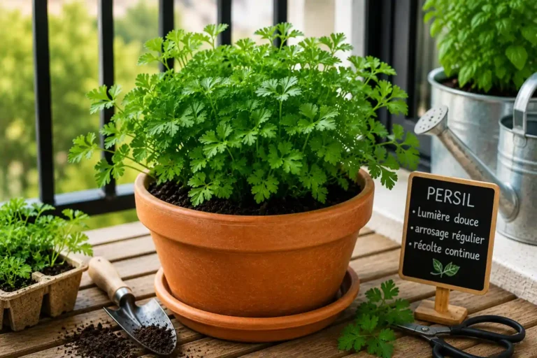 Plantation de persil en pot sur un balcon avec pot en terre cuite, terreau et outils de jardinage.