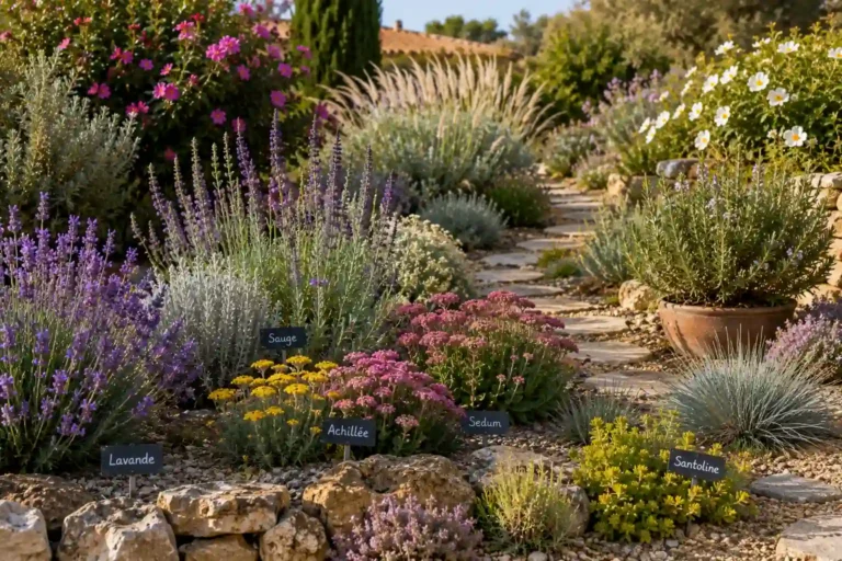 Plantes résistantes à la sécheresse dans un jardin méditerranéen sobre en eau avec lavandes, sauges, sedums et graminées adaptées au climat sec