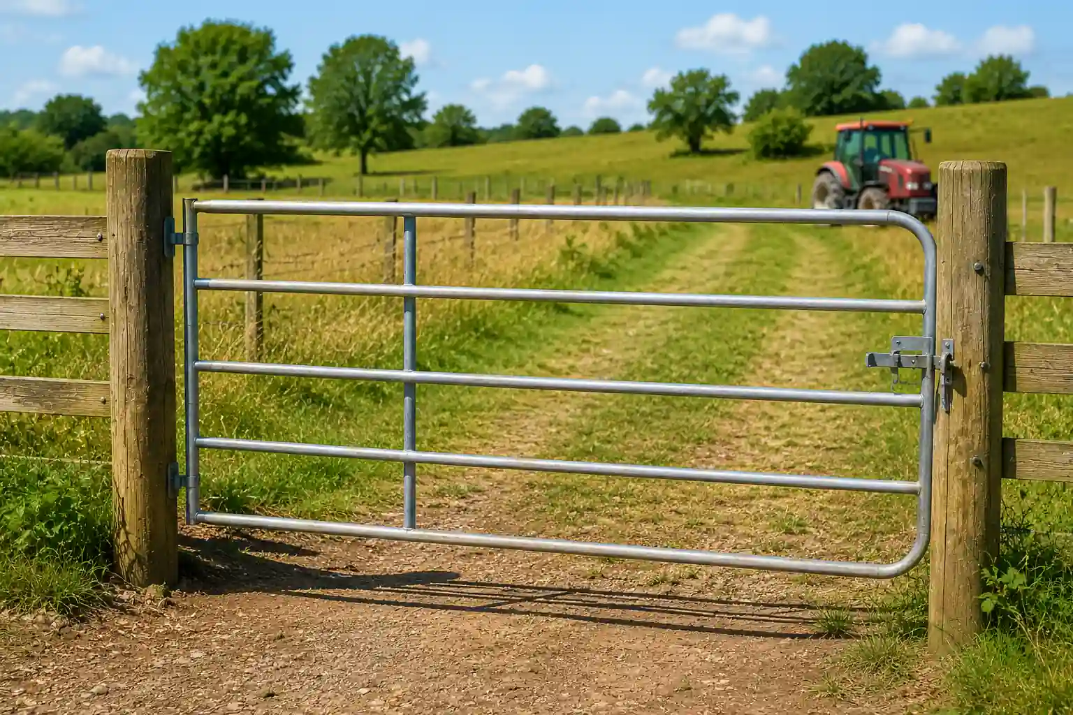 Portail pour champs en métal galvanisé installé entre deux poteaux en bois avec prairie, clôture agricole et tracteur en arrière-plan