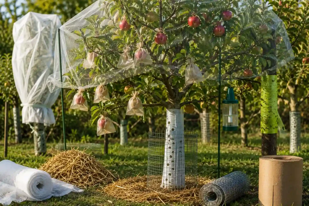 Protection d’un arbre fruitier avec filet anti-oiseaux, ensachage des fruits et protections du tronc dans un verger familial.