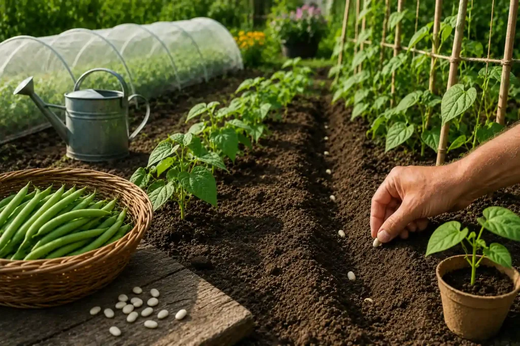 Main semant des haricots verts dans un rang de potager ensoleillé avec jeunes plants, rames et panier de récolte.