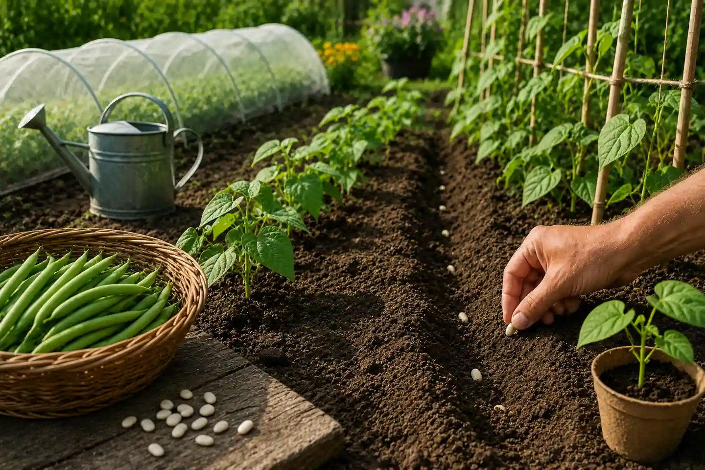 Main semant des haricots verts dans un rang de potager ensoleillé avec jeunes plants, rames et panier de récolte.