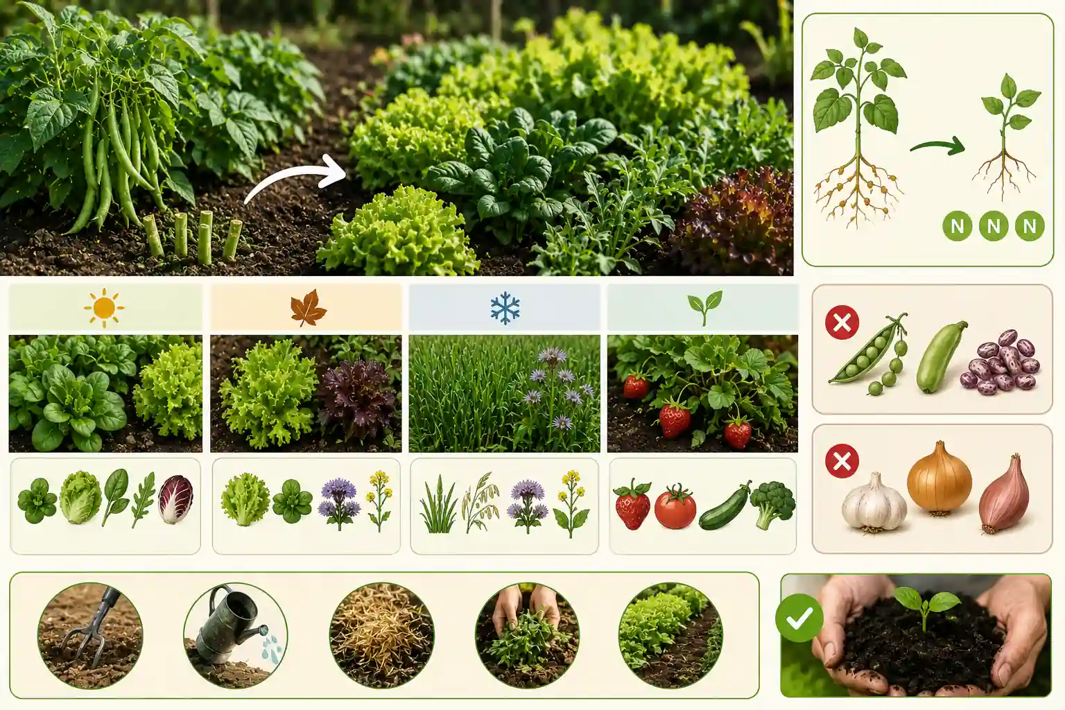 Potager après récolte de haricots verts avec cultures de succession comme salades, mâche, épinards, fraisiers et engrais verts illustrant la rotation des cultures au fil des saisons.