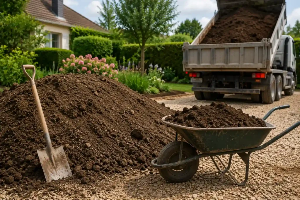 Que représente 10 m3 de terre avec tas de terre végétale, brouette, pelle et camion de livraison dans un jardin en aménagement