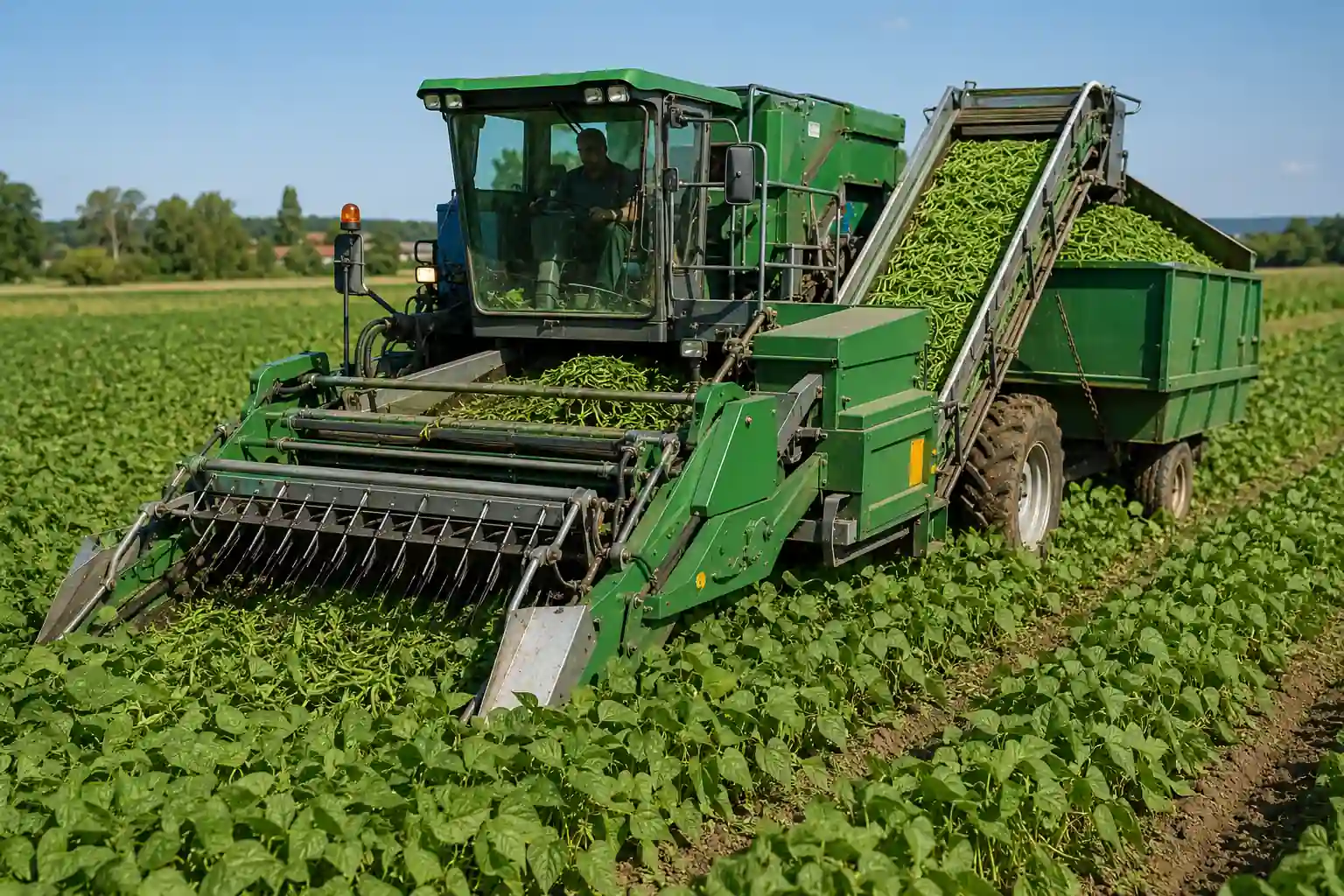 Récolteuse haricots verts en action dans un champ agricole avec convoyeur chargé de haricots verts et remorque de récolte