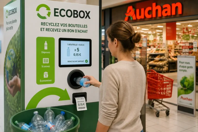 Recyclage bouteille plastique Auchan avec borne de collecte Ecobox pour déposer des bouteilles PET en magasin