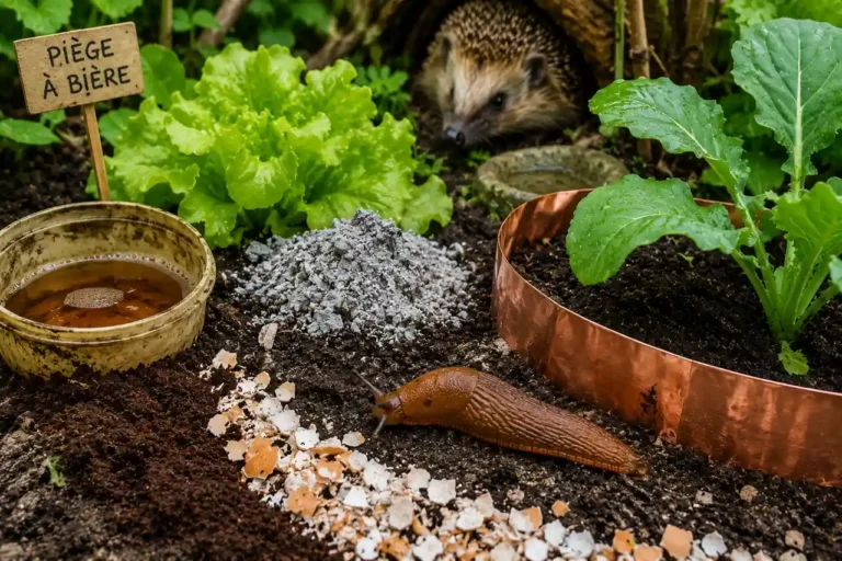 Limace dans un potager avec barrières naturelles, coquilles d’œufs, cendre et ruban de cuivre autour des jeunes plants.