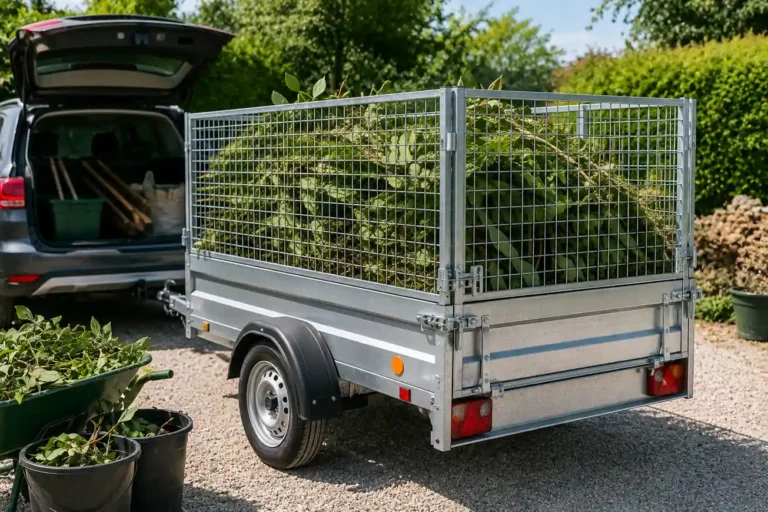 Remorque avec rehausse grillagée remplie de déchets verts stationnée dans un jardin à côté d’un véhicule utilitaire.