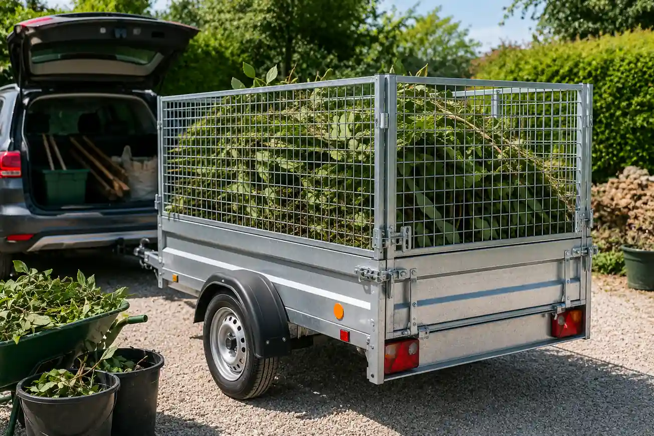 Remorque avec rehausse grillagée remplie de déchets verts stationnée dans un jardin à côté d’un véhicule utilitaire.