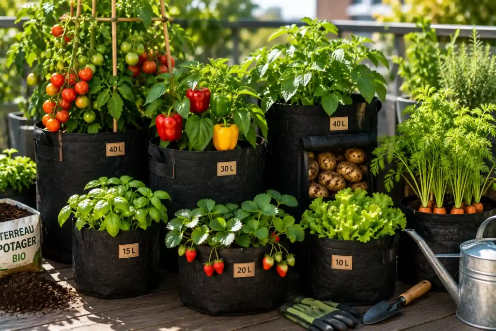 Sac pour potager avec légumes, aromates et fraisiers cultivés en sacs de culture sur une terrasse ensoleillée.