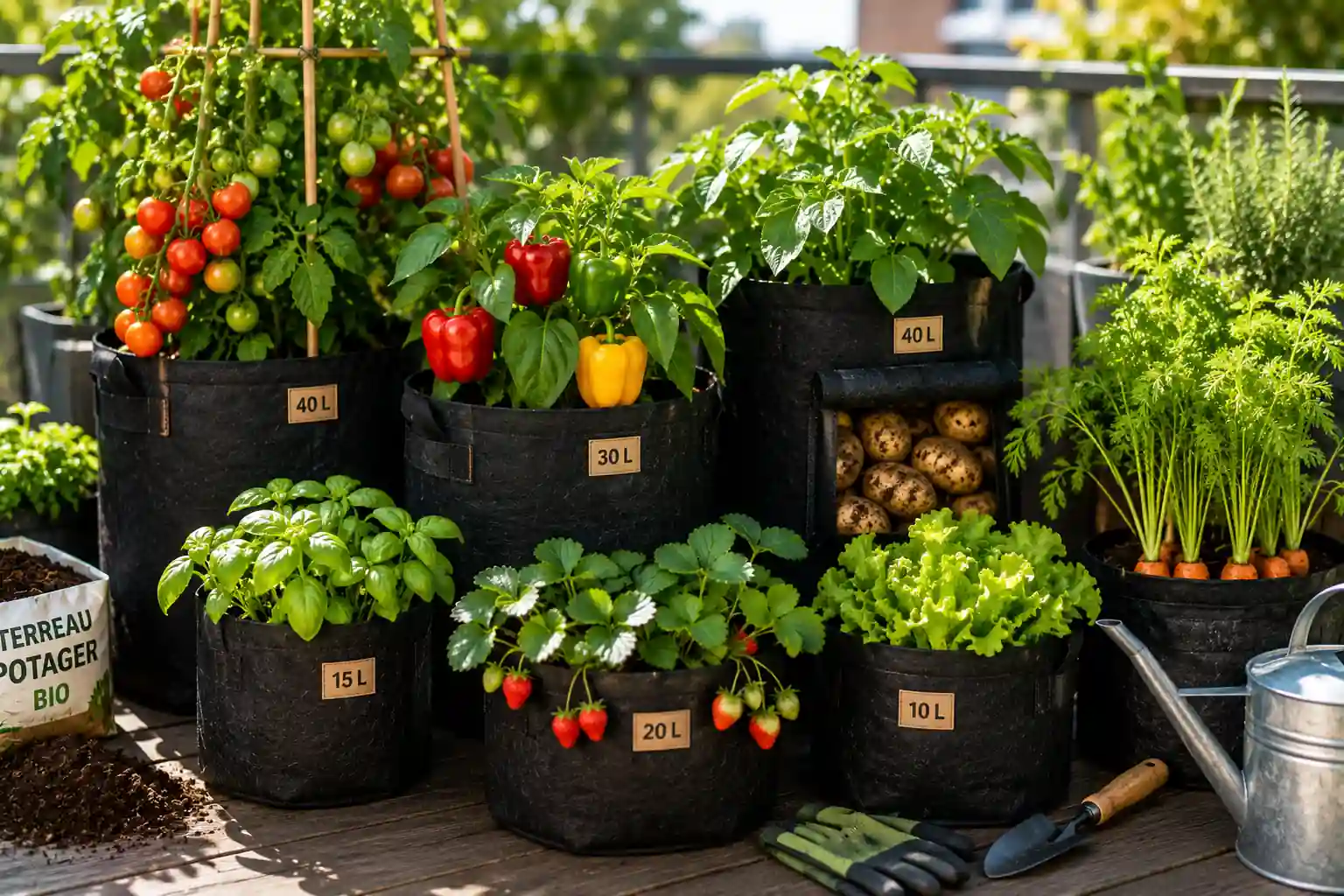 Sac pour potager avec légumes, aromates et fraisiers cultivés en sacs de culture sur une terrasse ensoleillée.