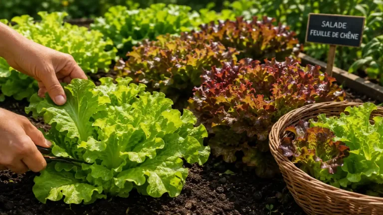 Récolte de salade feuille de chêne blonde et rouge dans un potager ensoleillé